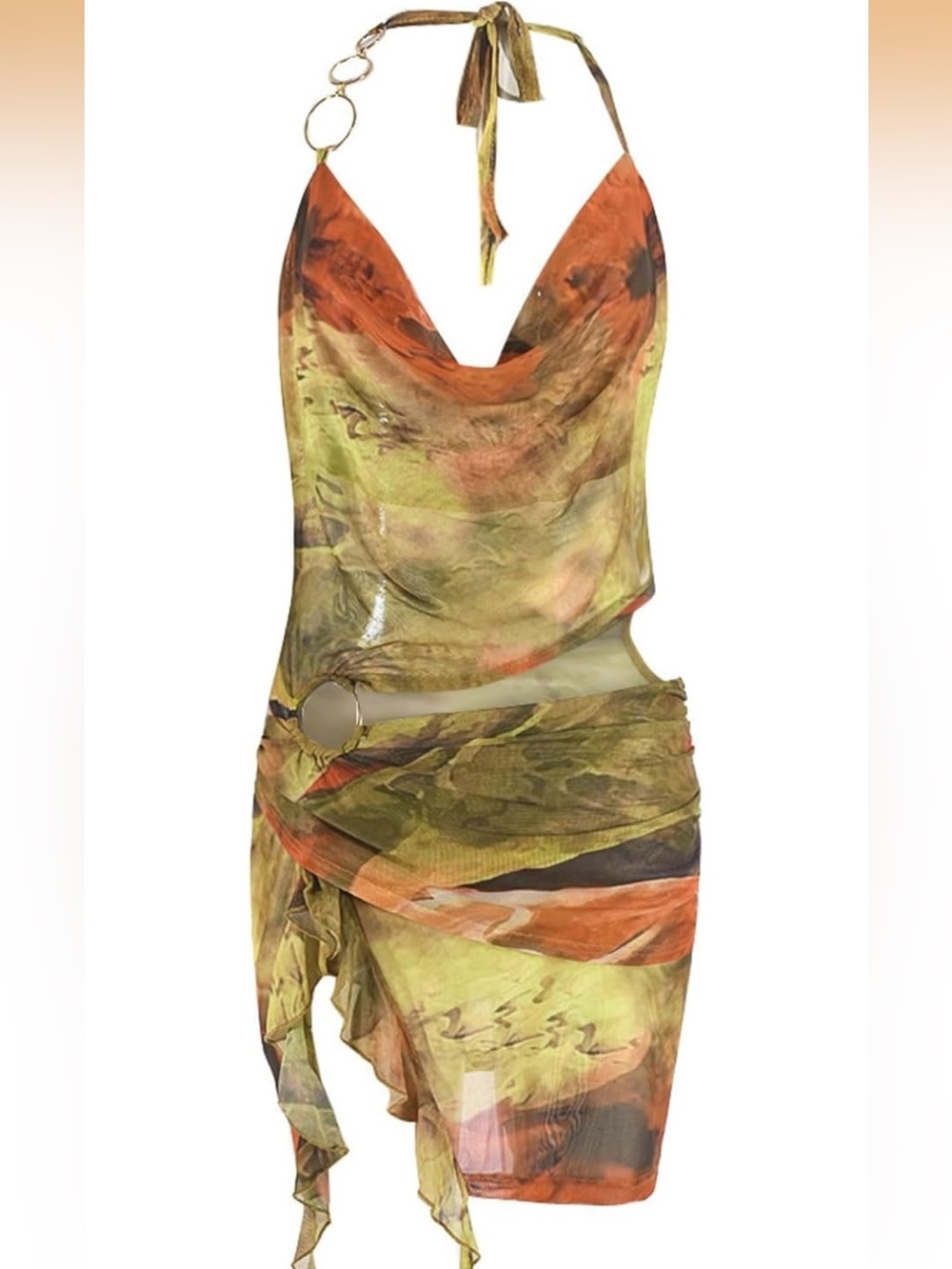 Women’s Cowl Neck Halter Dress in Olive & Rust